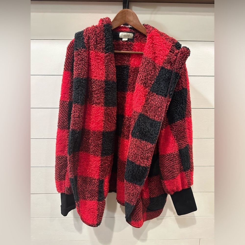 Charlie Paige Red and Black Sherpa Jacket- size Large